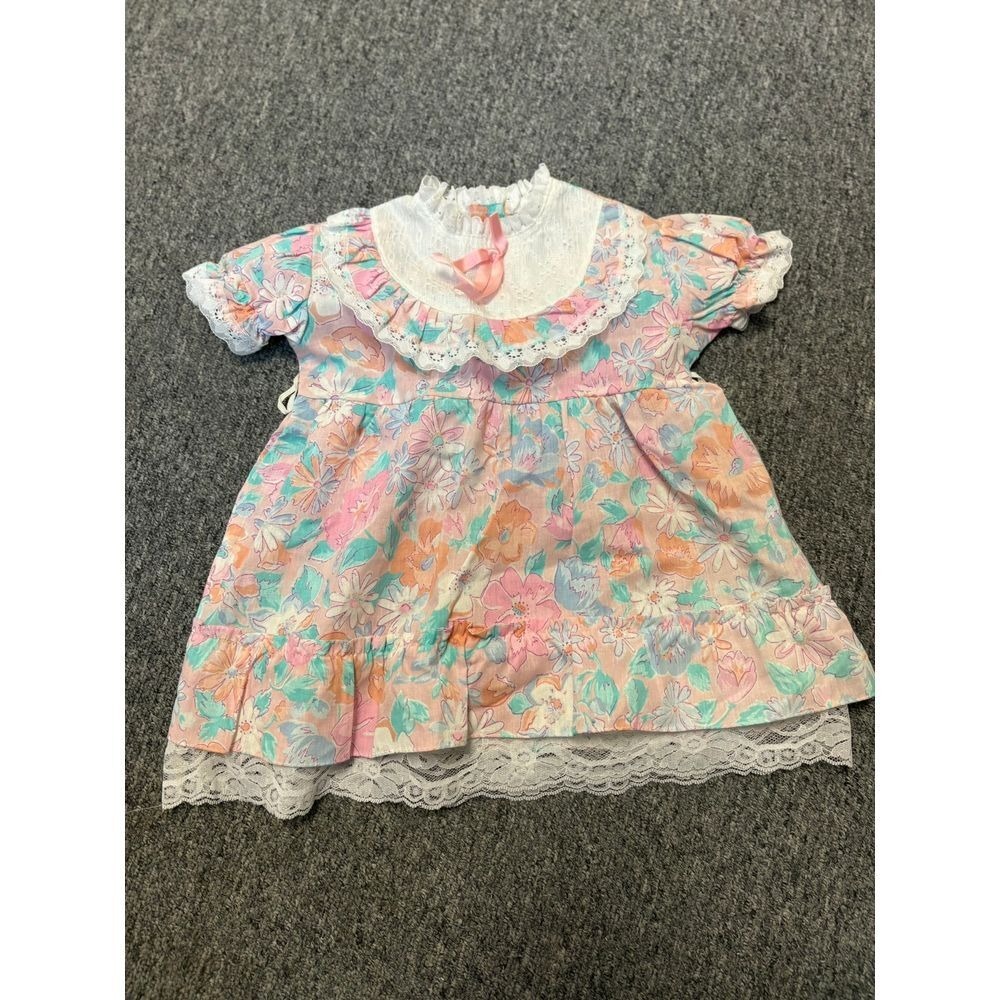 VTG Floral Baby Dress‎ with Lace Collar Pink Mint Peach Special Occasion